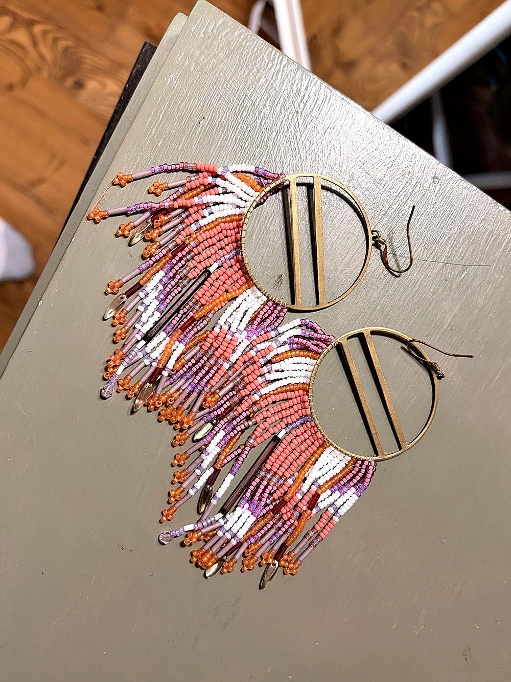Beaded Fringe Statement Earrings in Pink & Orange
